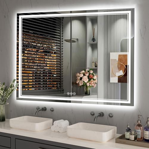 48''x36'' Lighted Mirrors for Bathroom Wall Backlit + Front Lit, Rectangular LED Bathroom Mirror Frameless with Lights Anti Fog, Dimmable, 3 Colors,Tempered Glass, Shatter-Proof (Color 1 - color: Color 1, size: 48"L x 36"W