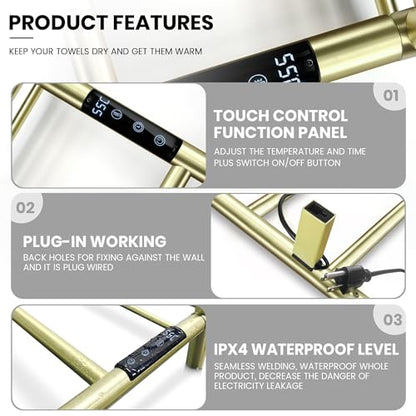 Towel Warmer Wall Mounted with 3 Electric Stainless Steel Heated Bars, Hot Towel Rack for Bathroom, Plug-in BathTowel Heater with Built-in Timer, Brushed Gold