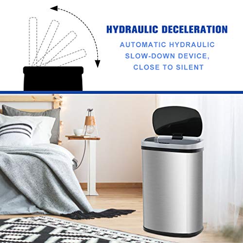 FDW | 13 Gallon Stainless Steel Trash Can with Lid | Silver | Automatic Touchless Lid with Motion Sensor | Kitchen Garbage Can with Waterproof Design | for Home, Office, Bathroom - color: Silver, style: Stainless Steel