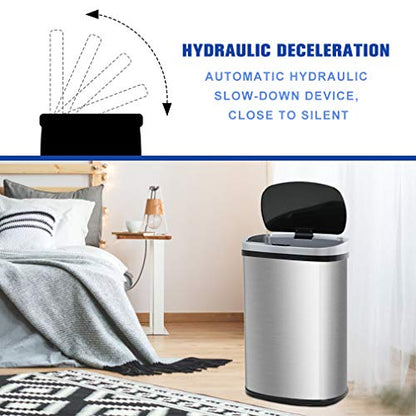 FDW | 13 Gallon Stainless Steel Trash Can with Lid | Silver | Automatic Touchless Lid with Motion Sensor | Kitchen Garbage Can with Waterproof Design | for Home, Office, Bathroom - color: Silver, style: Stainless Steel