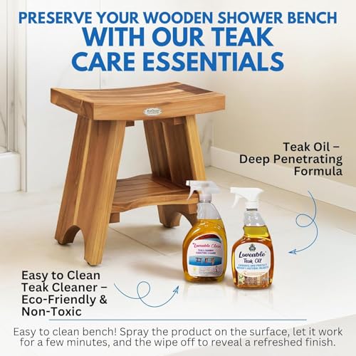 EcoDecors Teak Shower Bench 18", 300 lb Capacity – Waterproof Wood Bath Seat with Shelf, Spa Seating for Adults – Compact Fit for Small Bathrooms & Walk-in Showers – Slip-Resistant Feet - size: 18" shelf