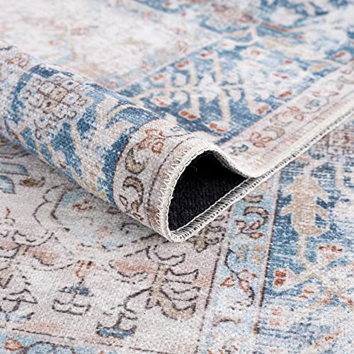 Bloom Rugs Caria Washable Non-Slip 6x9 Rug - Beige/Ocean Blue Traditional Area Rug for Living Room, Bedroom, Dining Room, and Kitchen - Exact Size: 6' x 9' - color: Beige / Ocean Blue, size: 6' x 9' (Rectangular)