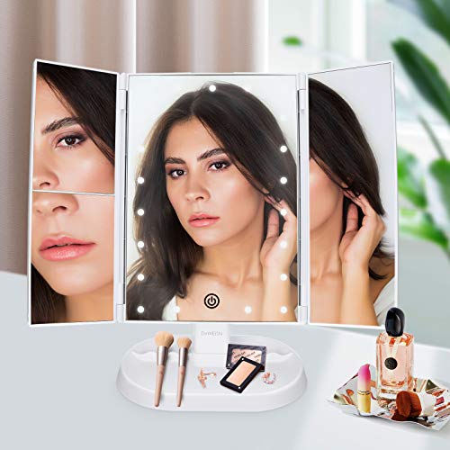 Trifold Lighted Vanity Makeup Mirror with 21 LEDs Lights,1x/2x/3x Magnification and Touch Screen Dimming,Two Power Supplies Makeup Mirror, Gift for Women - color: White