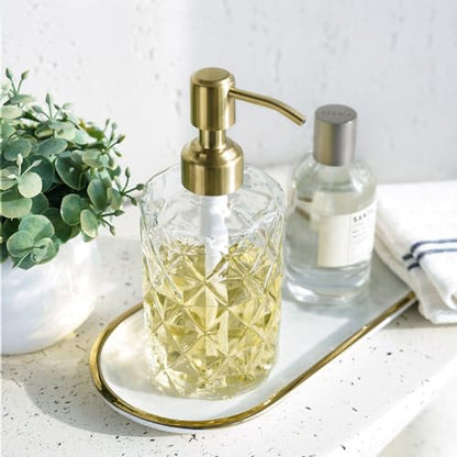 JASAI Diamond Design Glass Soap Dispenser with Golden Pump | Refillable Hand soap Dispenser for Kitchen, Soap Dispenser Bathroom for Soap, Hand soap, Dish Soap, Lotion. - color: Clearglass-golden Pump, style: Diamond