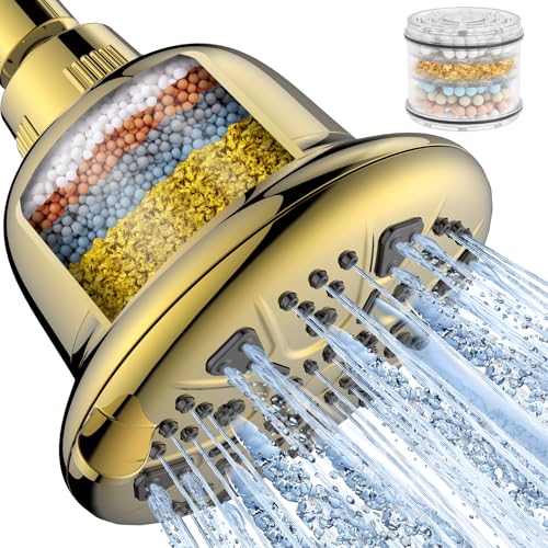 MakeFit Filtered Shower Head - High Pressure Rain - Shower Head with filter for Hard Water - Luxury 7 Settings Adjustable Water Filter Showerhead (Gold) - color: Gold, style: Premium Filter