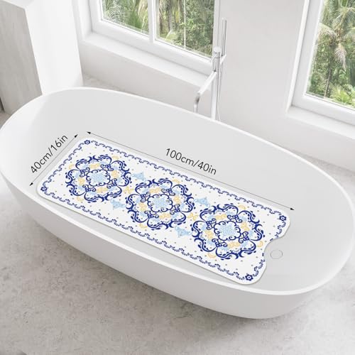 SHUCHING Blue Bath Mat for Tub Non Slip-40x16 Inch, Boho | Bathtub Mat for Elderly Mold Free, Long Shower Mat for Inside Shower with Suction Cup, Machine Washable - color: Blue Flower