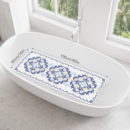 SHUCHING Blue Bath Mat for Tub Non Slip-40x16 Inch, Boho | Bathtub Mat for Elderly Mold Free, Long Shower Mat for Inside Shower with Suction Cup, Machine Washable - color: Blue Flower