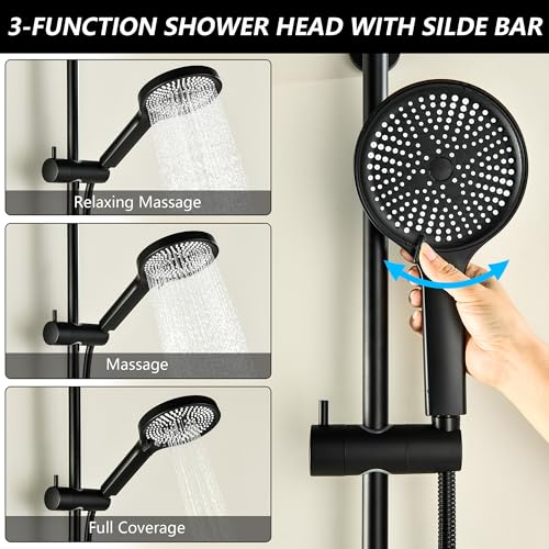 Hand Shower with Slide Bar, Matte Black 26 Inch Shower Head with Slider Bar Adjustable Shower Slide Bar with 3 Function Handheld Shower - style: Matte Black
