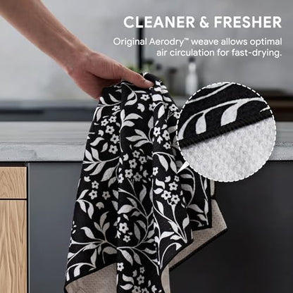 RECYCO Waffle Kitchen Towel Set of 2 - Quick Dry Microfiber Sustainable Dish Towels - Ultra Absorbent Reusable Cleaning Tea Towels - Lightweight Hand Towels,16”x 28”, Black & White Florals - color: Black & White Florals