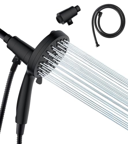 High Pressure Shower Head with Magnetic Back Fixed Base Design ,Handheld Showerhead with Hose Set Stainless Steel 59 inches/5 ft 10-Setting 5 inches Large Face ,Chrome Finish - color: Black