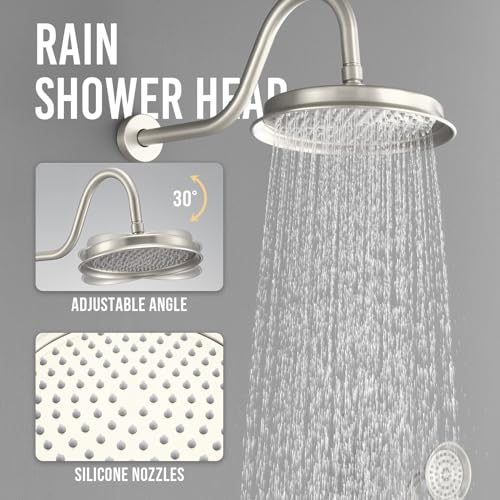 DASAN Antique Shower Faucet Sets Complete Rain Shower System in Wall with Body Shower Spray Jets, Brushed Nicke Shower Fixtures with Rainfall Overhead Shower, Handheld, Valve & Trim Kit, AT249W-BN - color: Brushed Nickel