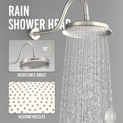 DASAN Antique Shower Faucet Sets Complete Rain Shower System in Wall with Body Shower Spray Jets, Brushed Nicke Shower Fixtures with Rainfall Overhead Shower, Handheld, Valve & Trim Kit, AT249W-BN - color: Brushed Nickel
