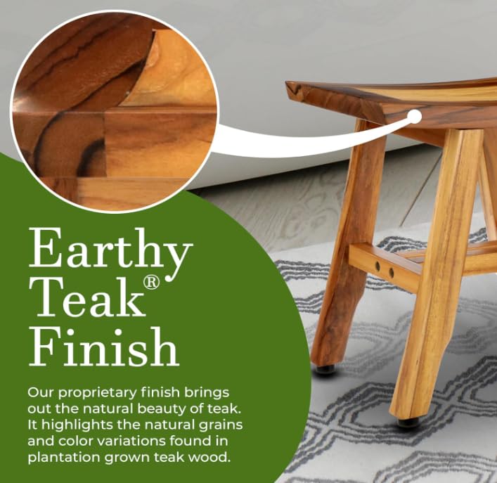 EcoDecors® Satori® 14" Solid Teak Shower Bench, Water-Resistant Bath Stool with Adjustable Feet, EarthyTeak Finish, Indoor/Outdoor Use - size: 14" L x 10" W x 14" H