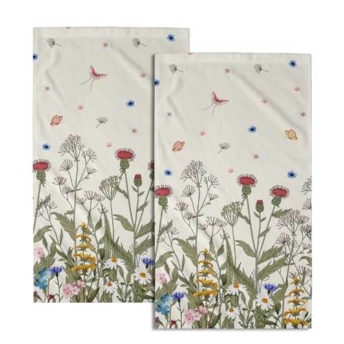 Wildflower Floral Hand Towel Set of 2, Botanical Plant Green Floral Hand Bath Towels for Bathroom Spring Summer Sage Herb Flower Kitchen Towels Decorative Soft Highly Absorbent Face Towels 14”X28” - color: Spring Wildflower
