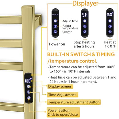 XBVV Towel Warmer Rack for Bathroom with Timer/Fahrenheit Temperature Control Wall Mounted Electric Heated 10 Bar Rail Plug-in or Hardwired Keep Bath Shower Towel Warming (Brushed Gold) - color: Brushed Gold