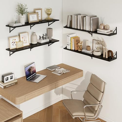 Deep Floating Shelves, 55'' x 10'' Black Wall Shelves Set of 2 | 10 Inch Deep Shelves with Heavy Duty Brackets, Rustic Wood Shelves for Bathroom Living Room, Engineered Wood, 55LBS - color: Black, size: 55W x 10D