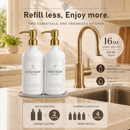 Fachixy White Glass Soap Dispenser 2 Pack, 16 Fl Oz, 14 Waterproof Labels | Rust-Resistant Stainless Steel Pump, Non-Slip Pad, Hand & Dish Soap Dispenser Bottles Set for Kitchen and Bathroom - color: White