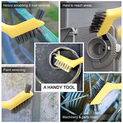 Wire Brush Set 3Pcs - Nylon/Brass/Stainless Steel Bristles with Curved Handle Grip for Rust, Dirt & Paint Scrubbing with Deep Cleaning – 7 Inches (Yellow) - color: Yellow