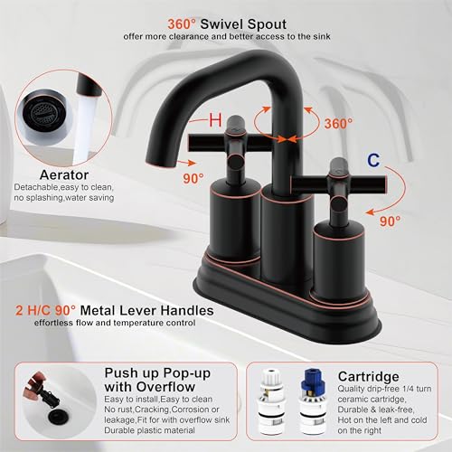 Two Handle Lavatory Faucet 4-inch Centerset Bathroom Sink Faucets with Drain Assembly for 3 Hole Sink Oil Rubbed Bronze Finish DF-4303CCH-ORB Duttao - color: Oil Rubbed Bronze
