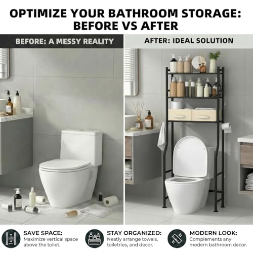 GloTika 3-Tier Over Toilet Storage, Anti-Tilt, 64" H, Black, 2 Baskets | Anti-Tilt Safety System, 150lb Capacity, Carbon Steel, Freestanding, No Drilling, Anti-Rust Coating, Paper Holder & 4 Hooks - color: Black-with 2 Basket, size: 3-Tier