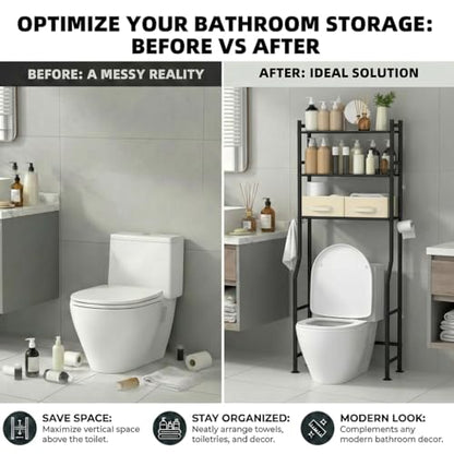 GloTika 3-Tier Over Toilet Storage, Anti-Tilt, 64" H, Black, 2 Baskets | Anti-Tilt Safety System, 150lb Capacity, Carbon Steel, Freestanding, No Drilling, Anti-Rust Coating, Paper Holder & 4 Hooks - color: Black-with 2 Basket, size: 3-Tier