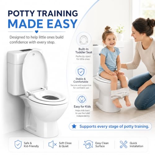 Round Toilet Seat with Built-In Toddler Seat, 2-in-1 Potty Training, White | Soft Close, Magnetic Child Seat, Quick Release, Easy Clean PP Plastic for Adults & Kids, Fits Most Standard Round Toilets - color: White, size: with toddler seat 1 Pack