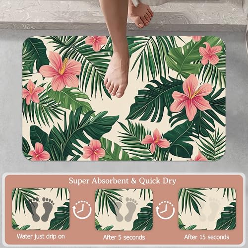 Tropical Leaves Bath Mat,Pink Flower Diatomaceous Earth Bath Mat,Rubber Backing Quick Dry Absorbent Washable Bathroom Rugs for Tub Non Slip 17"x29.5" - color: Tropical Leaves,pink Flower