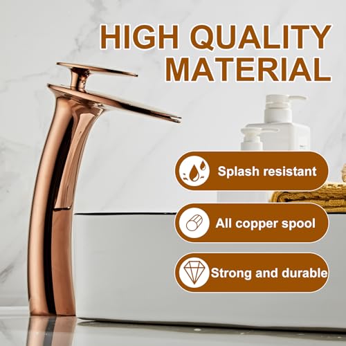 Rose Gold Waterfall Bathroom Faucet Tall Body and Pop Up Drain - color: Rose Gold, size: Tall Body