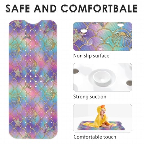 Mermaid Seashell Starfish Bathtub Shower Mat Ocean Rainbow Non-Slip Tub Extra Long Bath Floor 40X16 Inch Machine Washable for Bathroom Tub Bath Mat for Toddler and Baby - color: Mermaid Scales
