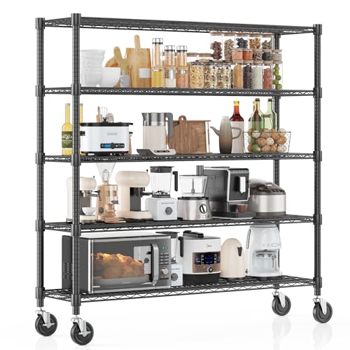 Homdox 5 Tier Heavy Duty Metal Wire Shelving with Wheels, 3000 lbs Capacity Garage Storage Rack, Rolling Industrial Storage, Adjustable Commercial Shelves for Kitchen, Warehouse, 18"x60"x82", Black - color: Black, size: 18"x60"x82"