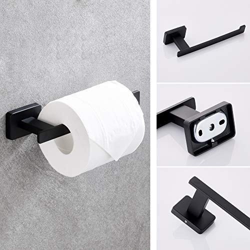 4 Piece Bathroom Hardware Accessories Set,Matt Black Stainless Steel Towel Bar Sets Wall Mounted - Includes 16" Towel Bar, Square Towel Ring, Toilet Paper Holder, Robe Towel Hook - color: Black, size: 16 inches