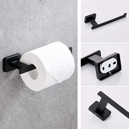 4 Piece Bathroom Hardware Accessories Set,Matt Black Stainless Steel Towel Bar Sets Wall Mounted - Includes 16" Towel Bar, Square Towel Ring, Toilet Paper Holder, Robe Towel Hook - color: Black, size: 16 inches