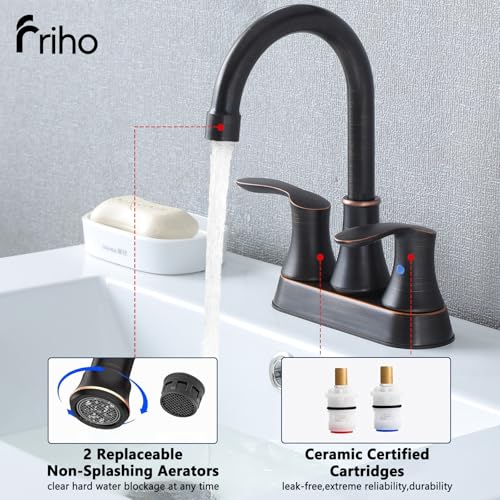 Friho 4 Inch Centerset Bathroom Faucet Oil Rubbed Bronze, 3 Hole Lead-Free 2-Handle RV Commercial Vanity Faucet with Drain Stopper & Supply Hoses - color: Oil Rubbed Bronze