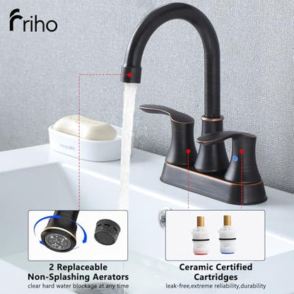 Friho 4 Inch Centerset Bathroom Faucet Oil Rubbed Bronze, 3 Hole Lead-Free 2-Handle RV Commercial Vanity Faucet with Drain Stopper & Supply Hoses - color: Oil Rubbed Bronze