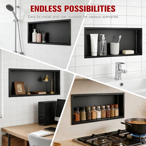 VELPAX No Tile Needed Shower Niche 30"X 12", Bathroom Wall Niche Single Shelf, Stainless Steel Shower Niche for Bathroom, Kitchens, Balconies - color: Black, size: 30"X 12" Single Shelf