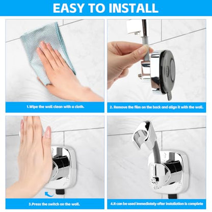 Shower Head Holder, Adjustable No-Drill Wall Mount for Suction Cup Handheld Shower, 360° Rotation ABS Shower Bracket with Hook, Fits RV/Apartments/Bathrooms