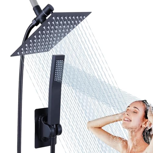 Rainfall Shower Head with Handheld Combo High Pressure, Dual Shower Head 8 Inch Square with Long Hose, Rain Showerhead with Handheld Sprayer(black)