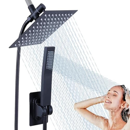 Rainfall Shower Head with Handheld Combo High Pressure, Dual Shower Head 8 Inch Square with Long Hose, Rain Showerhead with Handheld Sprayer(black)