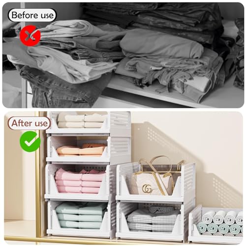 CTSNSLH 8 Pack Closet Organizers Stackable Storage Box | White stackable plastic drawer bins for closets, wardrobes, kitchens, bathrooms, offices - size: 8 Pack