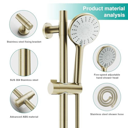Shower Slide Bar Handheld Shower Head with Hose, 5-Function Hand Shower with Wall Mount，shower slide bar,adjustable height shower head (A-round, Brushed Gold) - color: Brushed Gold