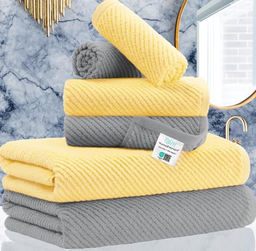 VOOVA & MOVAS 6PC Towel Set, 100% Cotton, Grey Yellow | 2 Large Bath 30x56 In, 2 Hand 18x28 In, 2 Washcloths 13x13 In, Soft, Quick Dry, Thick, Bath Towels With Hanging Loop - color: Gray + Yellow Mixed, size: 6 PC Bathroom Towel Set