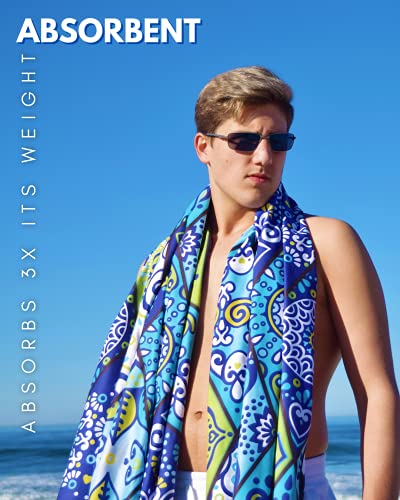 Microfiber Beach Towel - Quick Dry, Sand Free and Oversized 71x35 | Super absorbent, lightweight, swimming, gym, extra large, pool, cruise, camping, yoga, travel, compact, carry bag, vacation - color: Mykonos