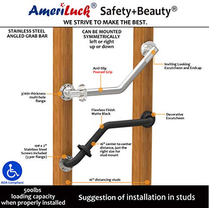 1-1/4 x 16 Stainless Steel Angled Grab Bar with Anti-Slip Peened Grip for Bathtubs, Shower & Toilet, ADA Compliant, Stud Mount 500lbs Support, Brushed Nickel