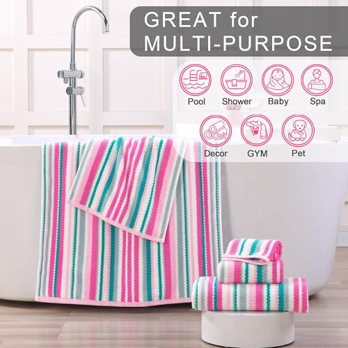 VOOVA & MOVAS Striped Towels 6 Pack, 100% Cotton, Pink Aqua | Bathroom & Guest Space, Available in 13x13, 16x27, 28x52 In, Quick Dry, Bath Towels with Hanging Loops, Absorbent - color: Pink + Aqua + Teal Striped, size: 6 PCS Bathroom Towels