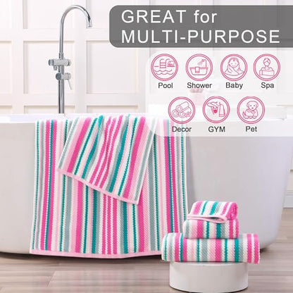 VOOVA & MOVAS Striped Towels 6 Pack, 100% Cotton, Pink Aqua | Bathroom & Guest Space, Available in 13x13, 16x27, 28x52 In, Quick Dry, Bath Towels with Hanging Loops, Absorbent - color: Pink + Aqua + Teal Striped, size: 6 PCS Bathroom Towels