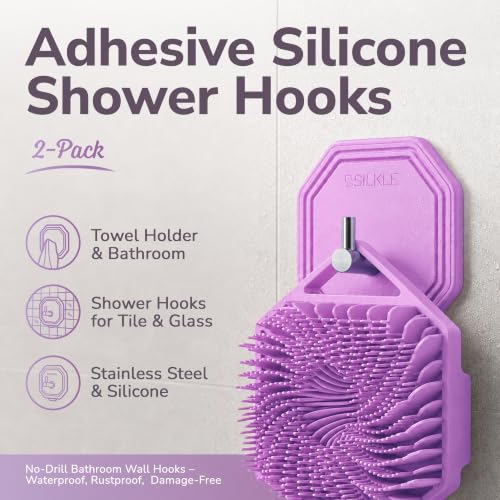 SILKLE Silicone Shower Hooks for Inside Shower, 2-Pack Adhesive Towel Hooks | Adhesive Shower Hooks, No Drill - Razor & Loofah Holders for Shower Wall, Heavy-Duty, Waterproof, Damage-Free - Purple - color: Purple