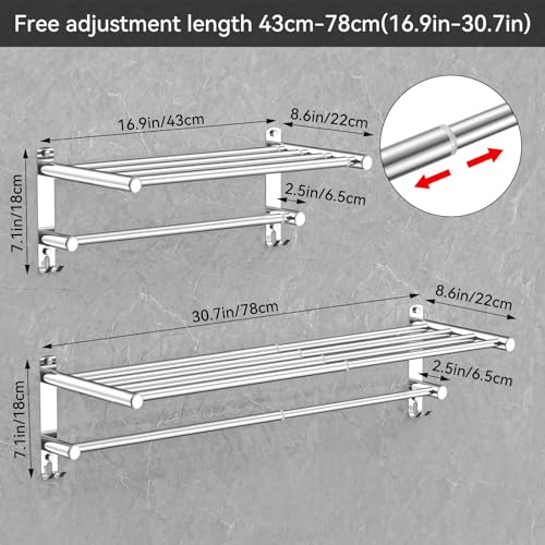 CAXIMSY Adjustable Towel Bar for Bathroom Wall Mount17-30.7inch Adhesive Shower Towel Rack Stainless Steel Bath Towel Holders for Toilet Kitchen Double Towel Hanger (2-Layer Towel Rack)