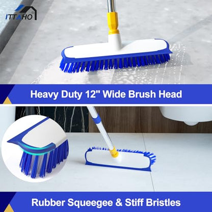 12" Wide Floor Scrub and Grout Brush Set With Long Extendable Handle - Stiff Bristle Heavy Duty Cleaner for Tile, Deck, Garage, Kitchen, Bathroom - color: White+blue