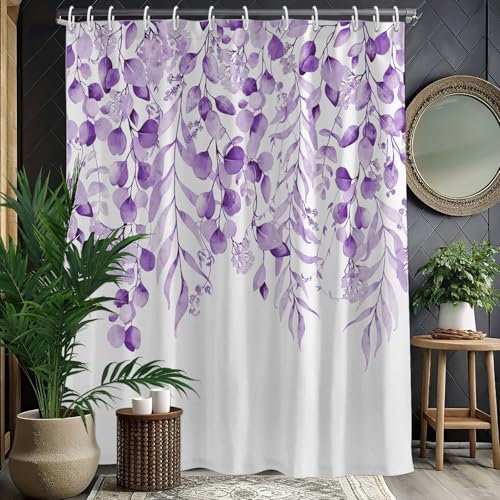 KAIRA Purple Eucalyptus Shower Curtain, Watercolor Plant Leaves with Floral Shower Curtain,72 x 72 Inches, Easy to Clean Waterproof Polyester Fabric Includes 12 Hooks - color: Purple