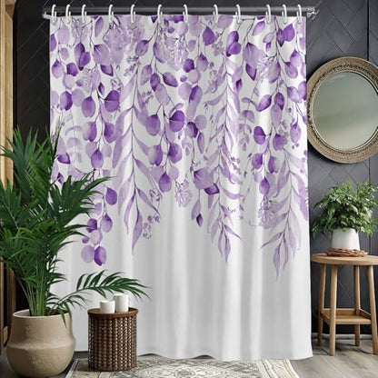 KAIRA Purple Eucalyptus Shower Curtain, Watercolor Plant Leaves with Floral Shower Curtain,72 x 72 Inches, Easy to Clean Waterproof Polyester Fabric Includes 12 Hooks - color: Purple